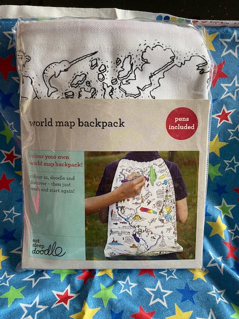 World map backpack - colour in & learn
